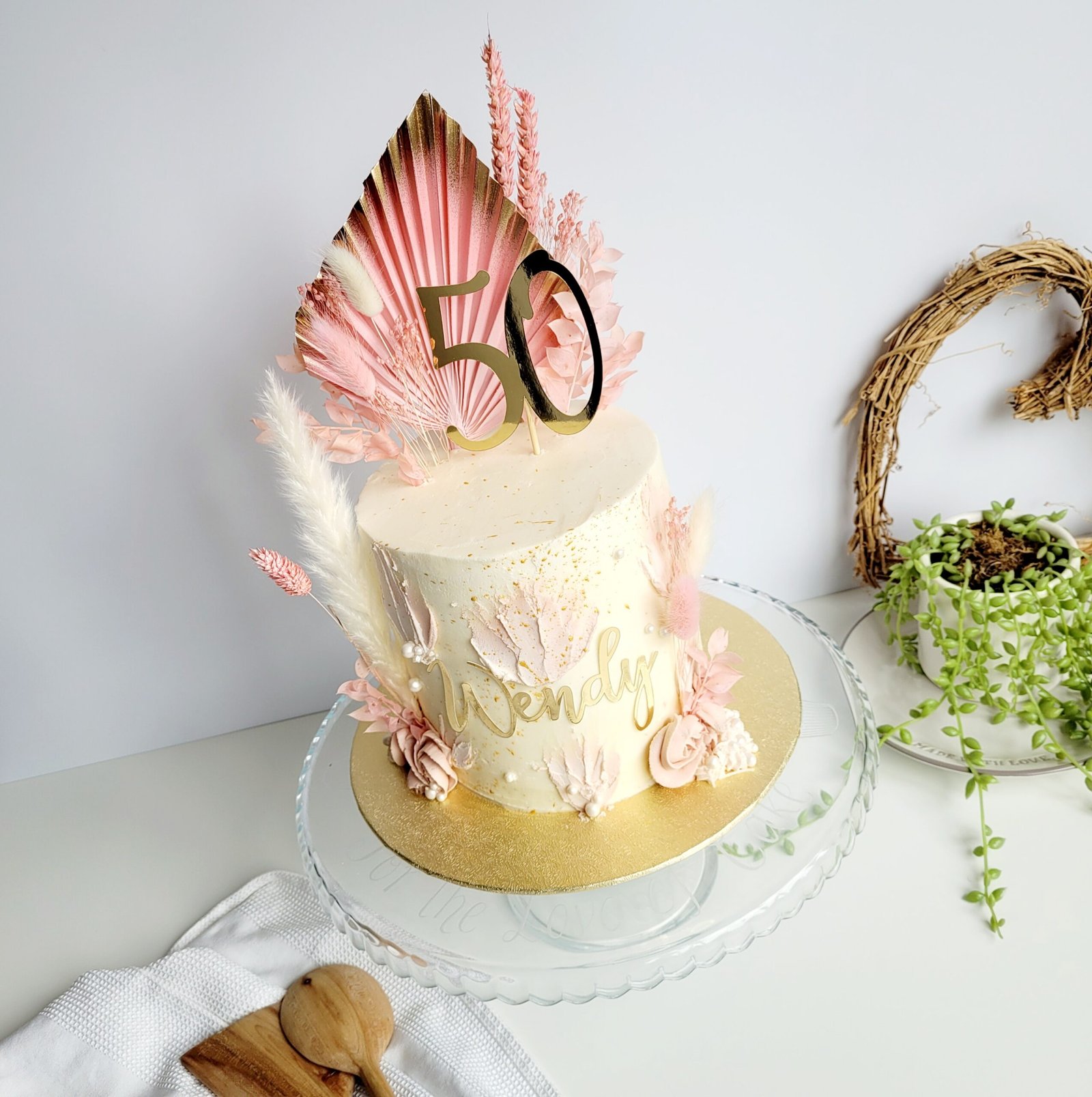 Palm Leaf, Dried Flowers and Painted Custom Design Celebration Cake
